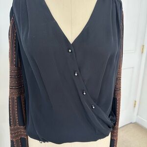 Veronica Beard Black Surplice Blouse with Copper-Threaded Sleeve Detail